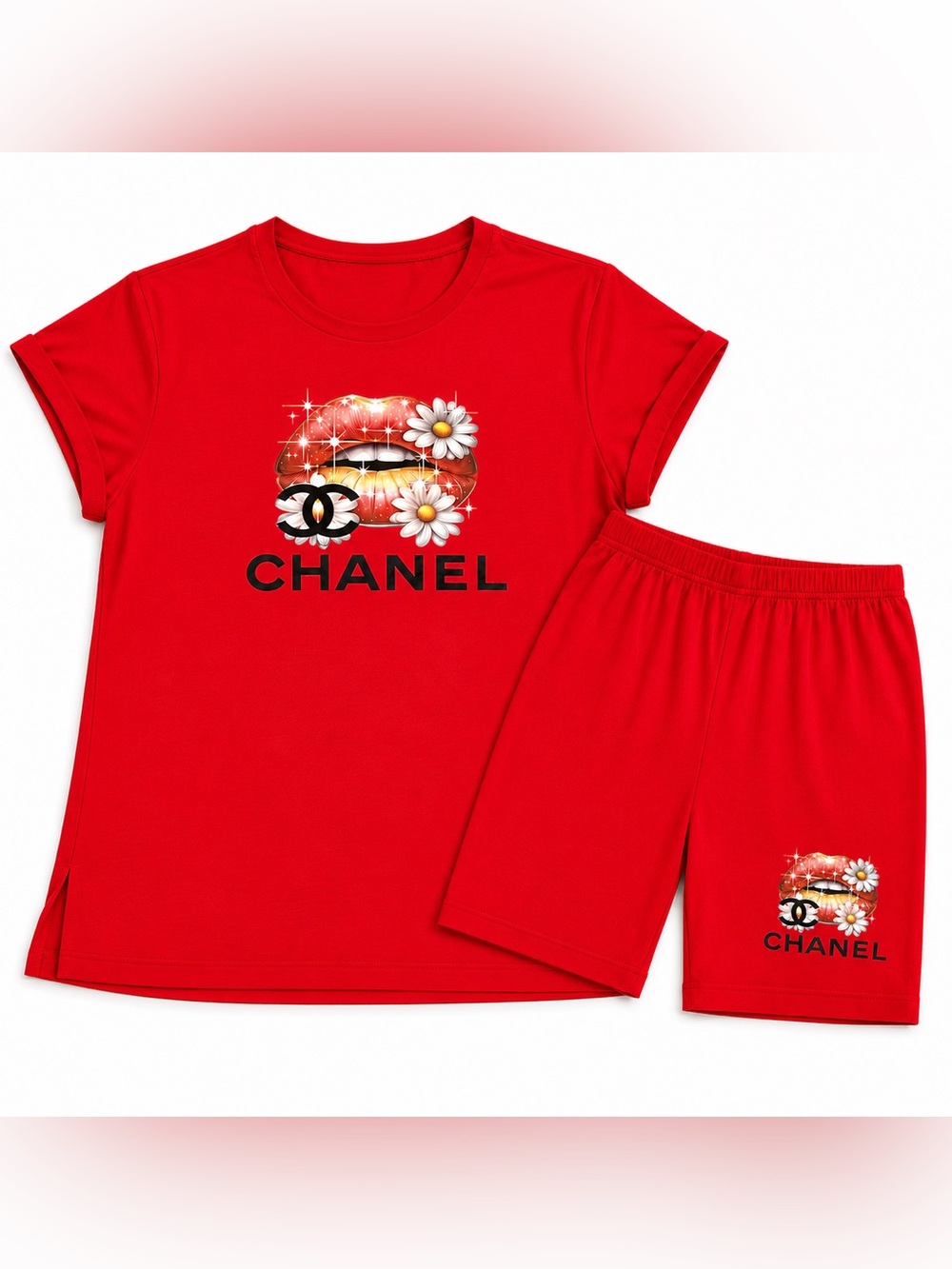 Red Plus Size Biker Set with Daisy Lip Graphic